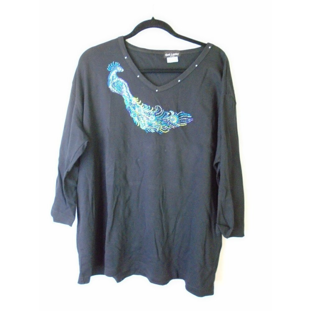Get Lucky U.S.A. Women 3XL Studded Beaded Peacock Soft 3/4 Tee